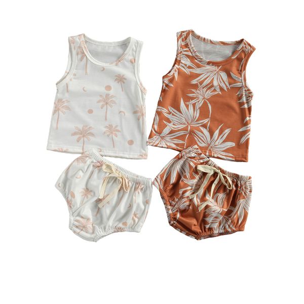 

0-3y summer causal boys clothes sets floral print sleeveless vest shorts 2pcs, White