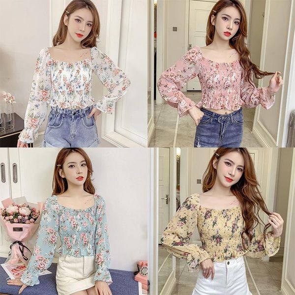 

women's floral print square long sleeves chiffon shirts, White