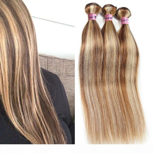 

nami brown and blonde highlight color ombre human hair bundles with closure frontal piano color 8 613 straight body wave hair extensions, Black