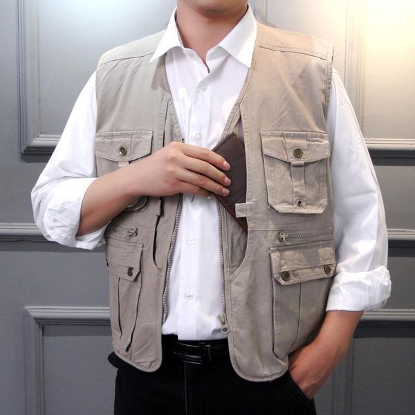 

men's vests autumn men cotton washed vest multi-pocket outdoor fishing waistcoat middle-aged elderly dad sleeveless jacket windproof, Black;white