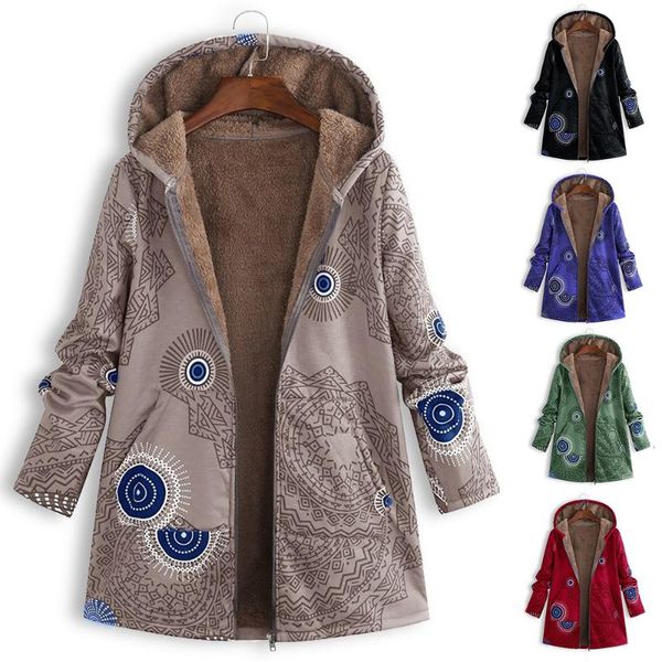 

women's jackets women plush coats winter warm hooded zipper parkas female windbreaker vintage print fluffy fur fleece cozy outerwear pl, Black;brown
