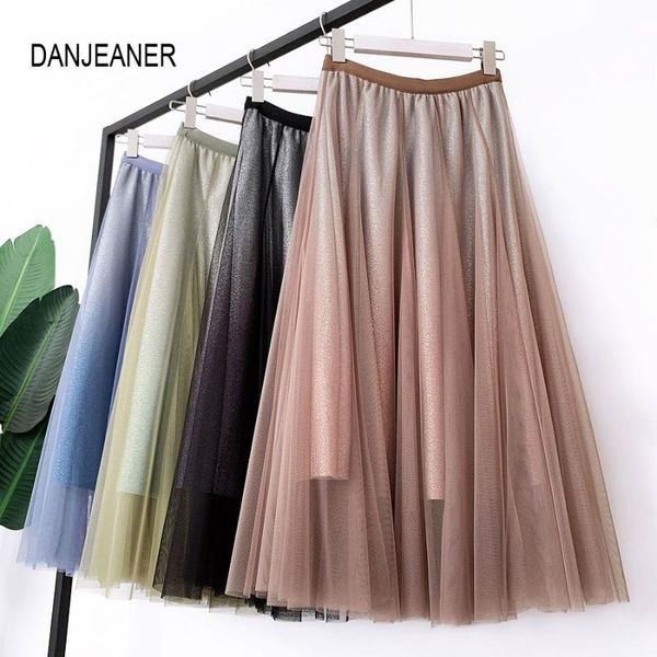 

skirts danjeaner 2021 spring summer vintage women elastic high waist tulle mesh skirt long pleated tutu female jupe longue, Black