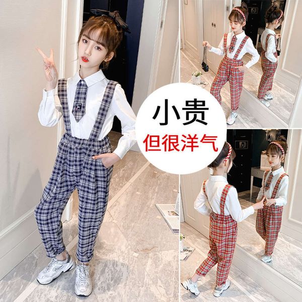 

children's girls' plaid trousers suit spring 2021 new two piece set, Blue