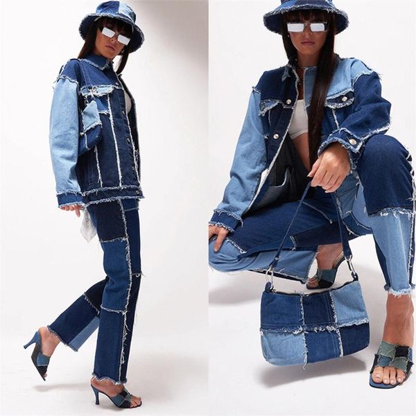 

women's jeans autumn women cowboy striped patchwork street casual hip hop high waist loose straight pants mujer fashion, Blue