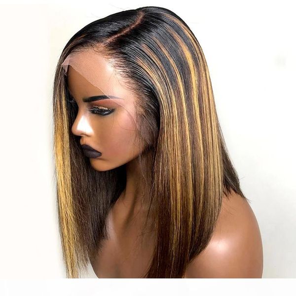

ombre highlight invisible color short bob wig lace front human hair wigs for women brazilian remy hair wig lace closure wig 150% density, Black;brown