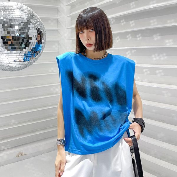 

women's t-shirt summer chic irregular panelled print sleeveless woman tshirt 2021 loose design vest fashion tide all match o neck t shi, White