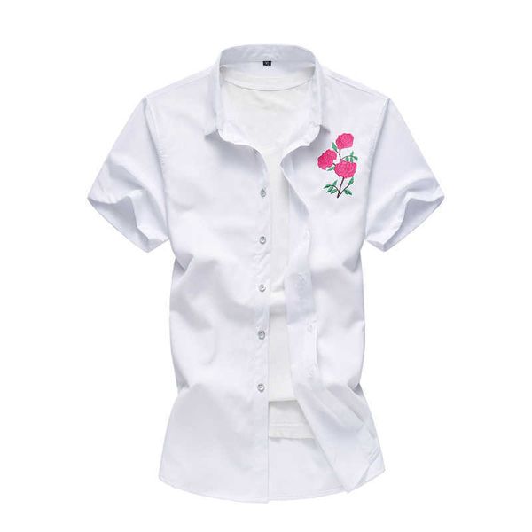 

rose embroidery men's short sleeve casual shirt fashion summer ccotton button social shirts men 5xl 6xl drop 210528, White;black
