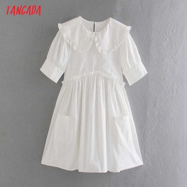 

tangada summer women white ruffles cotton dress peter pan collar short sleeve ladies mini dress vestidos 8m07 210609, Black;gray