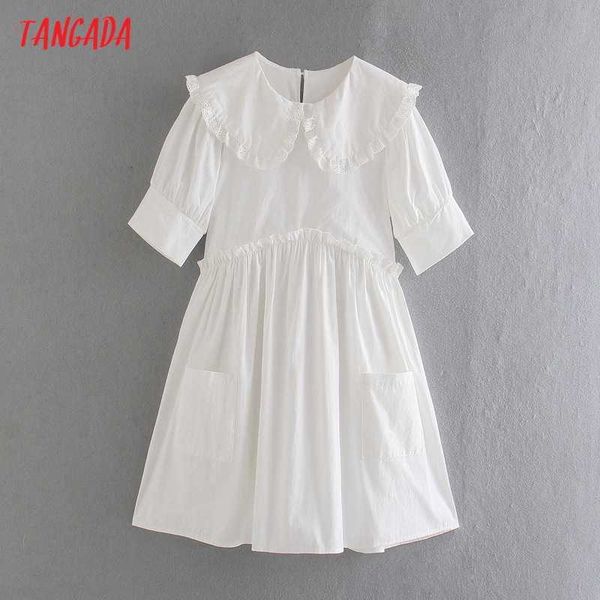 Tangada Summer Women White Ruffles Abito in cotone Colletto Peter Pan Manica corta Ladies Mini Dress Abiti 8M07 210609