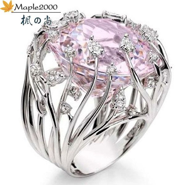 

wedding rings inlaid pink crystal ring female european and american creative exaggerated branch-shaped jewelry gift, Slivery;golden