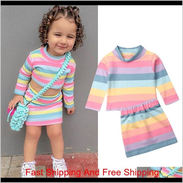 

2pcs/set toddler kids baby girl color striped clothes set long sleeve autumn t-shirt +mini skirt outfit kids girls clothes wncqo 9ux0p, White