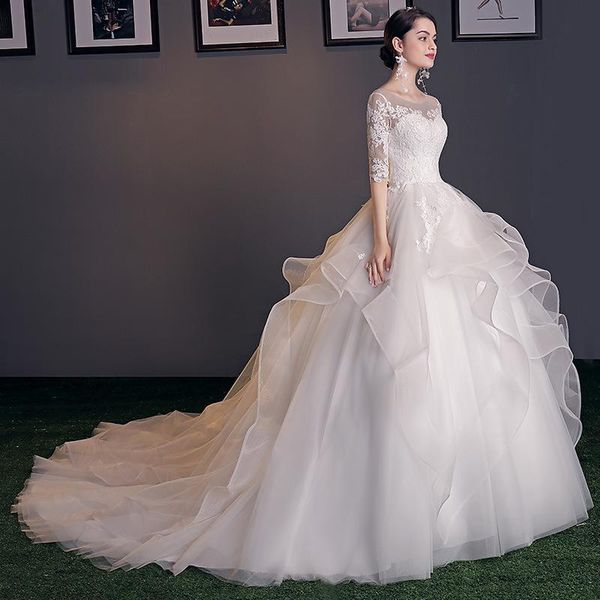 

other wedding dresses veshja dasmes o neck lace dress with train half sleeve plus size ball gown custom made slim bride vestido de noiva, White