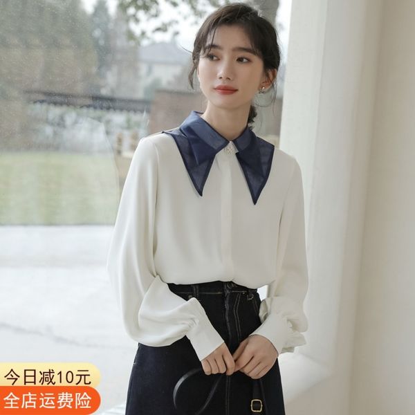

women's new spring design in 2021 small majority shirt long sleeve chiffon white hong kong flavor