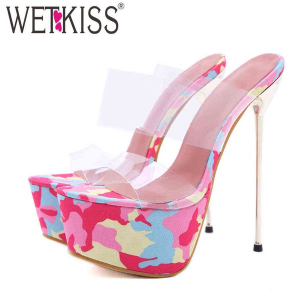 

wetkiss women transparent pvc outside slippers super thin high heel slippers open toe platform slippers camouflage casual shoes 210630, Black