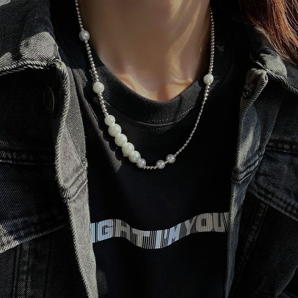 

pendant necklaces korean version of wu yifan with pearl titanium steel necklace mesh red retro stitching hundred niche design collarbone cha, Silver