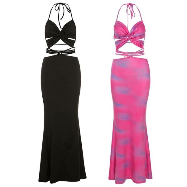 

casual dresses women summer halter strappy backless bodycon maxi long dress ruched twist knotted cut out high waist beach sundress 1pc, Black;gray