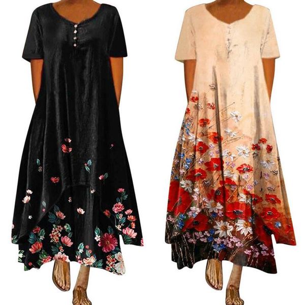 

casual dresses vintage dress women retro short sleeve floral maxi summer loose long sundress vestidos elegantes para mujer, Black;gray