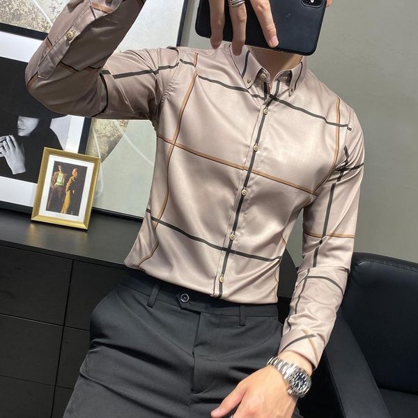 

new moda 2021 primavera novo negcio casual manga longa camisas xadrez roupas masculinas simples formal usar fino ajuste vestido blusas homme, Black;brown
