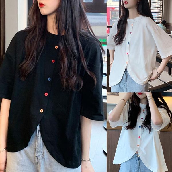 

blouse womens retro loose color button v neck short sleeve shirt black white blusas summer women clothes