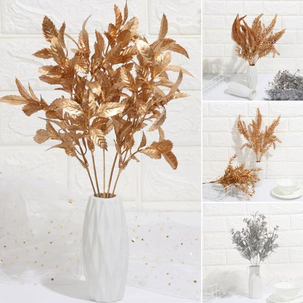 

1pcs christmas simulation leaf artificial plant gold silver faux plant decor wedding party decoration diy accessories