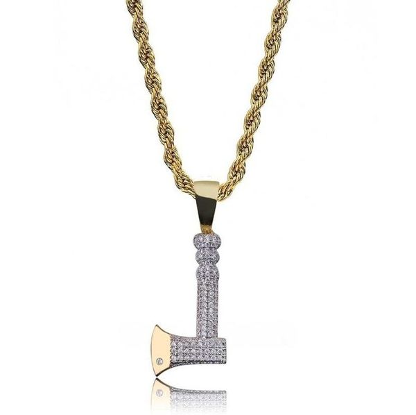 

chokers personality the axe necklace & pendant steel rope chain gold color bling cubic zircon men's hip hop jewelry, Golden;silver