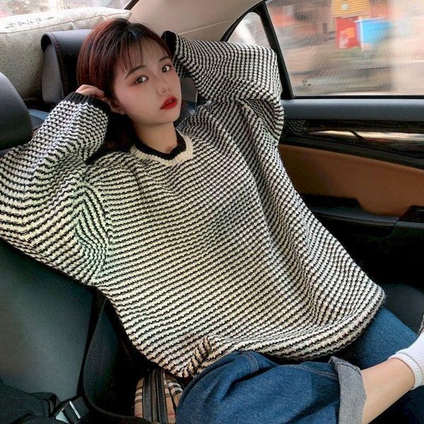 

women's sweaters sweater female black and white striped students loose lazy outer wear knit women clothes 2021 korean fashion, White;black