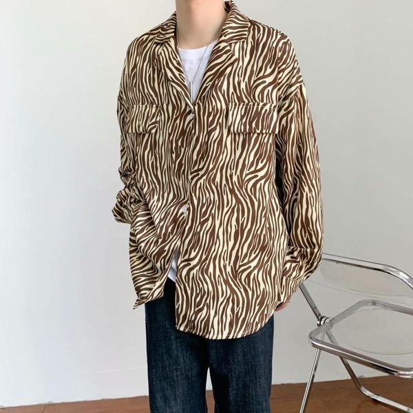 

men's casual shirts men long sleeve shirt mens 2021 striped button down loose fashion streetwear black/coffee, White;black
