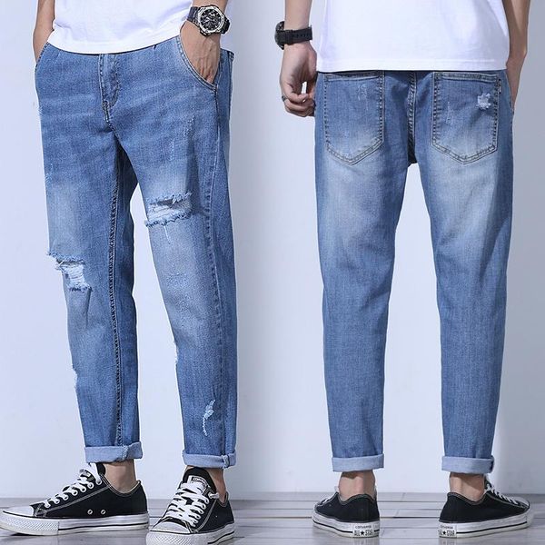 

men's jeans ripped slim feet korean trousers summer 2021 trendy brand, Blue