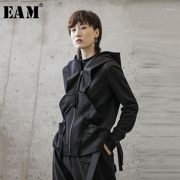 

eam] loose fit ribbon spliced short jacket new hooded long sleeve women leisure coat fashion tide autumn winter 2019 1a1081, Black;brown
