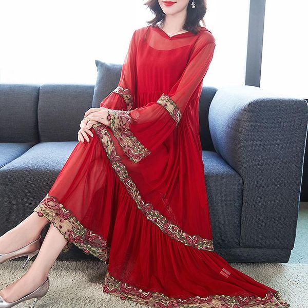 

casual dresses spring summer womens embroidery patchwork full sleeve loose red hooded dress , woman fashion beach with a hood, Black;gray