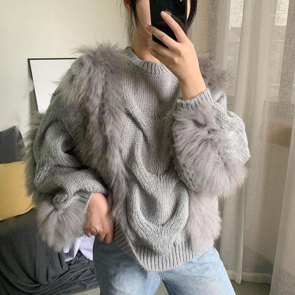 

women's fur & faux 2021 winter young fashion haining net red sweater knitted real raccoon coat short round neck style, Black