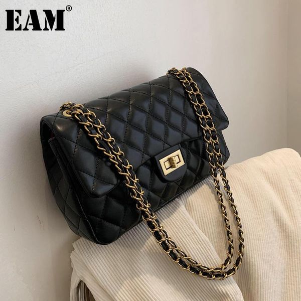 

[eam] women new argyle chains pu leather flap personality all-match crossbody shoulder bag fashion 2021 18a1407