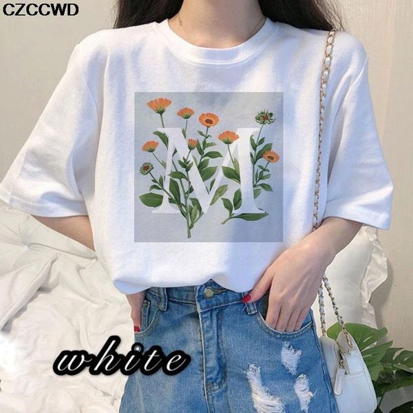 

small fresh t shirt women summer short sleeve  letter daisy bouquet print fashion tshirt lady womens graphic female t-shirt, White