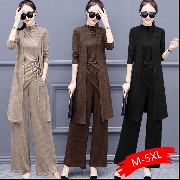 

knitted 3 pieces set women tracksuit long sleeve cardigan and sleeveless pullover wide leg pants suit womens sets 2021, Gray