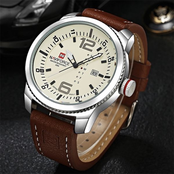 

luxury brand naviforce date quartz watch men casual military sports watches leather wristwatch male relogio masculino clock 220225, Slivery;brown