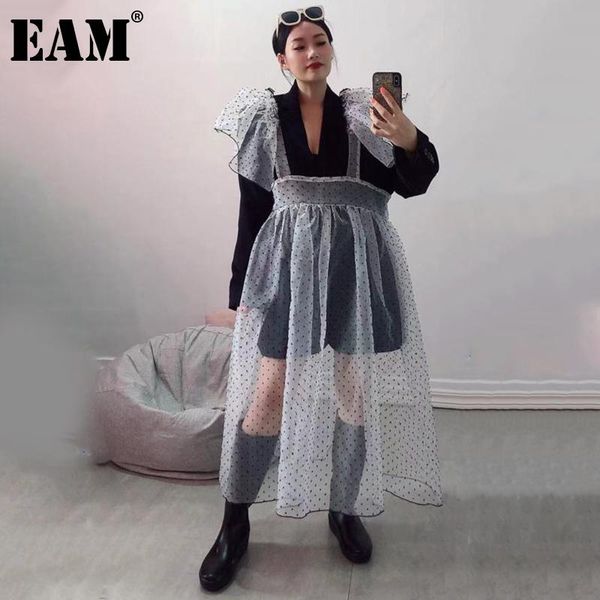 

casual dresses [eam] women white flocking mesh ruffles strap dress sleeveless loose fit fashion tide spring summer 2021 1de1192, Black;gray