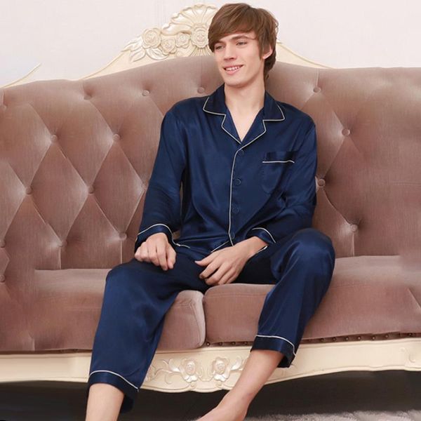

button down sleepwear + pants men's casual emulation silk pajamas set, Black;brown