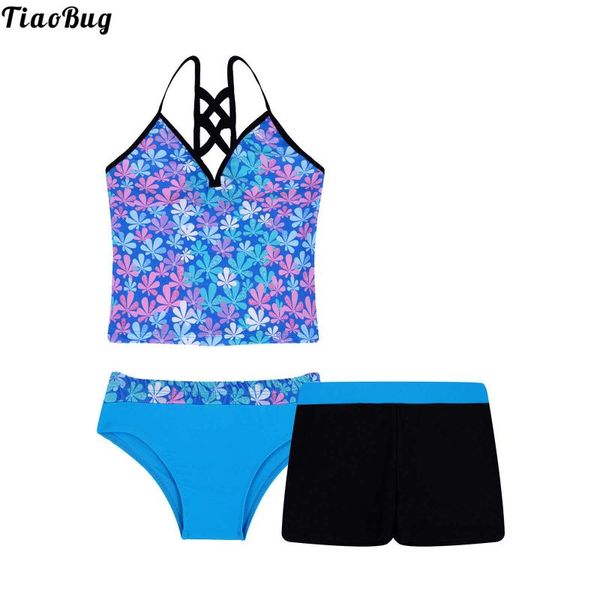 

one-pieces tiaobug 3pcs kids girls summer tankini floral printed swimwear bathing suit with bottoms shorts sets bikini pool swimsuit, Black