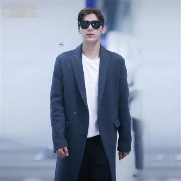 

men's wool & blends men's coat jacket 2021 winter li yifeng same business slim long single-breasted woolen trench, Black