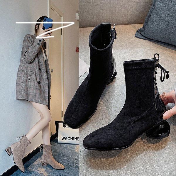 

boots 2021 solid color fashion back cross strap round toe high winter, Black