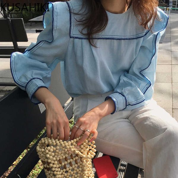 

spring women blouses korean sweet puff sleeve causal hit color patchwork blusas mujer de moda 6f958 210603, White