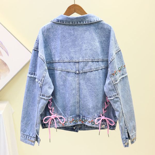 

2021 spring autumn new vintage embroidery denim jacket women korean loose lace up jeans jackets ladies casual basic coat tide hitt, Black;brown