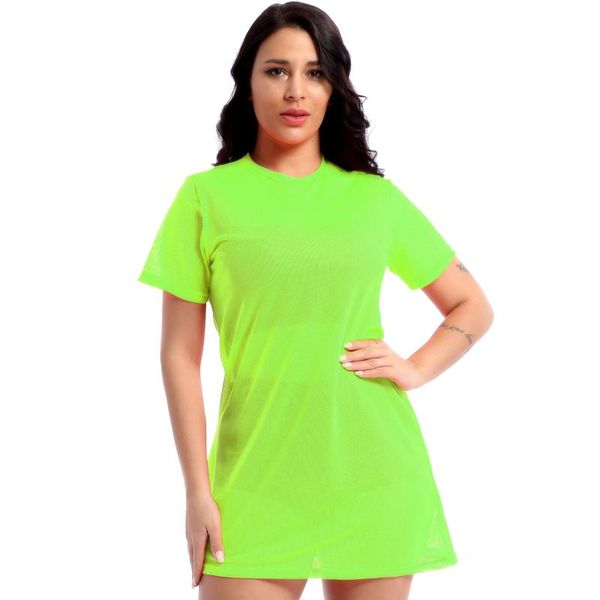 

women's t-shirt vogue see through mesh long t shirt dress casual loose large solid short sleeve tee shirts women gym sport o neck basic, White