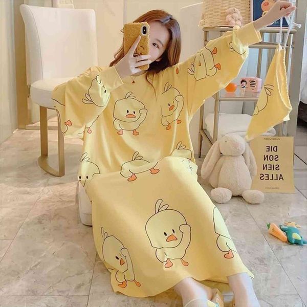 

little yellow duck autumn women sleepwear cute nightdress warm o neck long sleeve loose mid calf nightshirts kawaii cartoon girl, Black;red