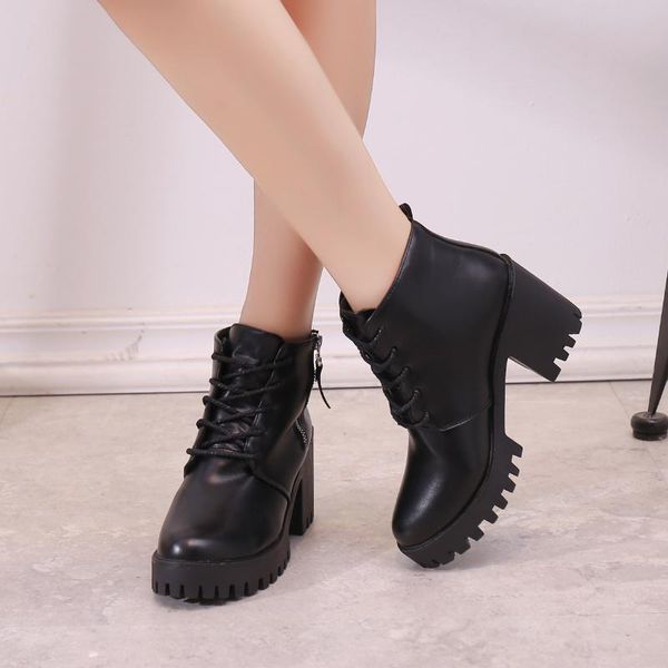 

boots platform women square high heels plus size zipper lace up winter black leather ankle for shoes woman