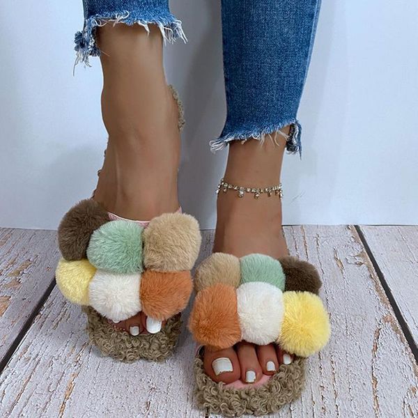 

slippers 2021 women fur winter slides fluffy furry sandals woman flip flops home ladies plush shoes, Black