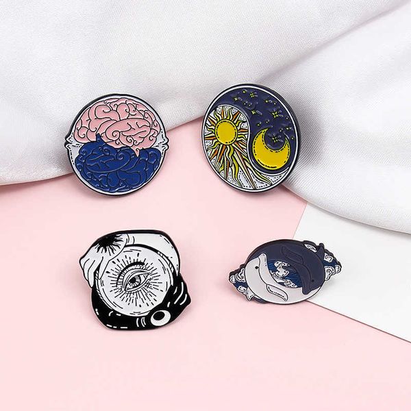 

sun moon brain dolphin hands yin yang holding eight trigrams series alloy brooch trend badge jewelry, Gray