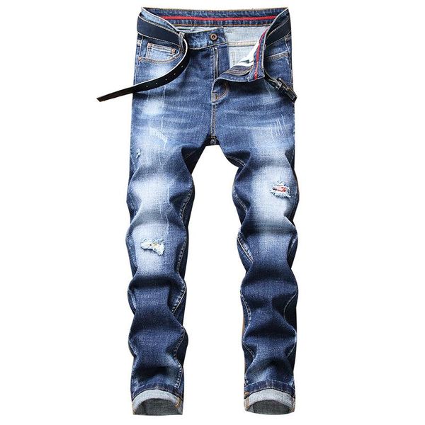 

spring new men's hole patch slim jeans 2021 personalized slim fashion retro regular fit stretch denim pants male brand trousers, Blue