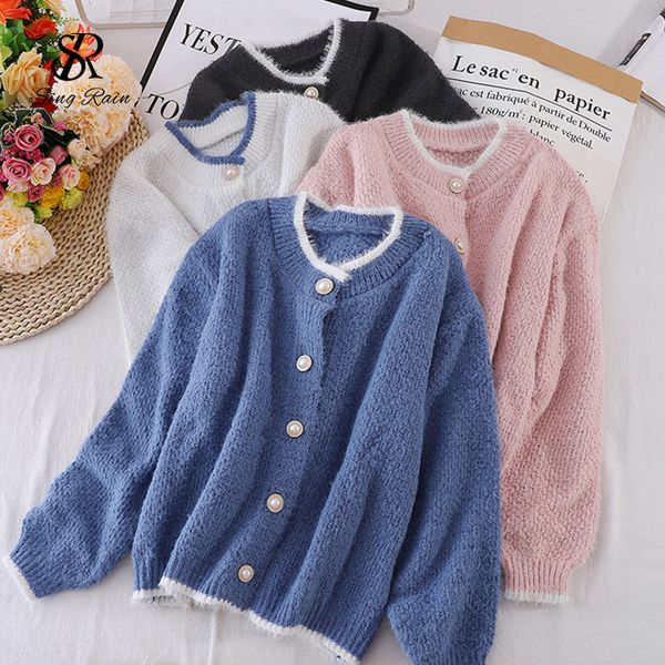 

women color stitching knitting cardigan korean o neck loose pearl buttons autumn winter cute casual cardigans, White;black