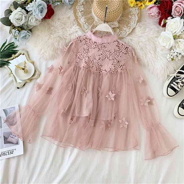 Mulheres de mangas compridas soltas lace tops 3d borboleta malha cor sólida blusa elegante blusas mujer de moda j939 210527